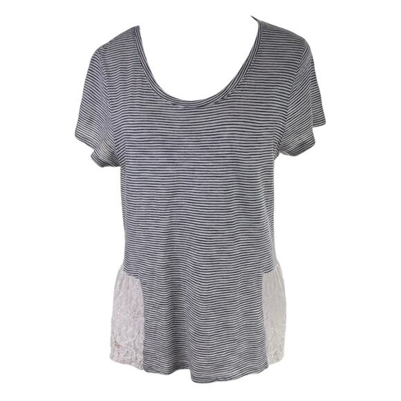 Maison Jules Striped Lace Trim High Low Tee Shirt Top Blue White Size Medium - Picture 1 of 9